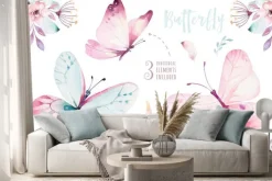 Naklejka: Motyle i kwiaty w pastelowych barwach
