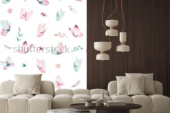 Naklejka: Motyle wśród kwiatów i piórek w stylu akwareli