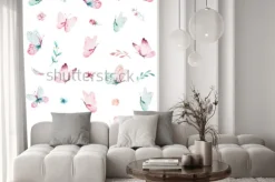 Naklejka: Motyle wśród kwiatów i piórek w stylu akwareli