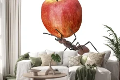 Naklejka: Mrówka podnoszenia jabłko wyizolowanych na białym