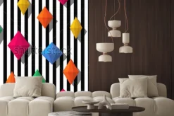 Naklejka: Multicolor diamonds, gems on black white stripes, seamless pattern.