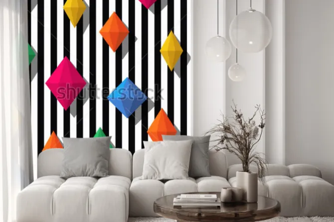 Naklejka: Multicolor diamonds, gems on black white stripes, seamless pattern.