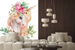 Naklejka: Namalowany portret jednorożca z kwiatami