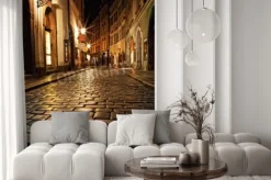 Naklejka: Narrow alley with lanterns in prague at night