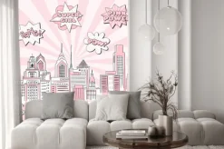 Naklejka: New york city scape on retro sun ray background with pop art
