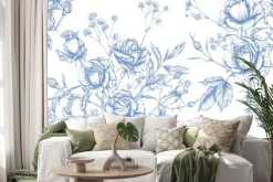 Naklejka: Niebieskie kwiaty w stylu szkicu na białym tle