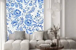 Naklejka: Niebieskie kwiaty kwiatowy ornament piękna porcelana rosyjski