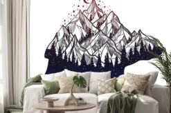 Naklejka: Niedźwiedź z rysunkiem gór lasu i księżyca