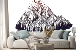 Naklejka: Niedźwiedź z rysunkiem gór lasu i księżyca