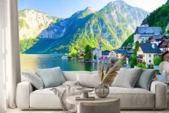 Naklejka: Niesamowite małe alpejskie wioski hallstatt, austria