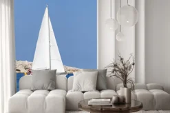 Naklejka: Niewyraźne jacht żaglowy w drodze z portu przechodzi przez dwa