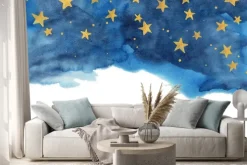 Naklejka: Night sky and gold star watercolor hand painting for decoration
