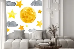 Naklejka: Night sky with moon, stars and clouds watercolor illustration