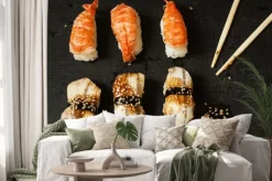 Naklejka: Nigiri z węgorzem i krewetki na czarnym tle