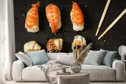 Naklejka: Nigiri z węgorzem i krewetki na czarnym tle