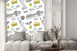 Naklejka: Nowy jork szwu z ręcznie rysowane szkic taksówki, hotdog, hamburger,