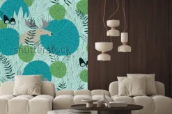 Naklejka: Obejmuje lasowe tło z ślicznymi lasowymi roślinami, łosoś, zając