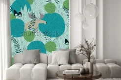 Naklejka: Obejmuje lasowe tło z ślicznymi lasowymi roślinami, łosoś, zając