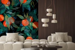 Naklejka: Odciska subtropical drzewo mandarynki z owocami i liśćmi. ręcznie