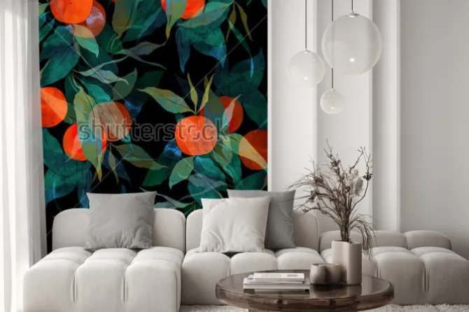 Naklejka: Odciska subtropical drzewo mandarynki z owocami i liśćmi. ręcznie