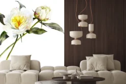 Naklejka: Odosobniony akwarela bukiet białe peonie z liśćmi.