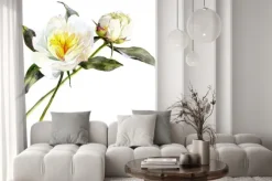 Naklejka: Odosobniony akwarela bukiet białe peonie z liśćmi.