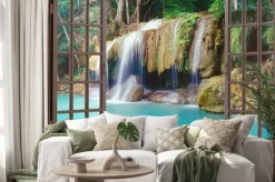 Naklejka: Okno wychodzące na tropikalny wodospad
