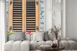 Naklejka: Okno z drewnianymi okiennicami