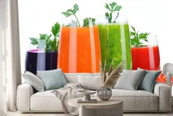 Naklejka: Okulary z świeżych soków warzywnych samodzielnie na białym tle