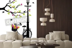 Naklejka: Old bicycle with lamp, flowers and tree