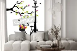 Naklejka: Old bicycle with lamp, flowers and tree