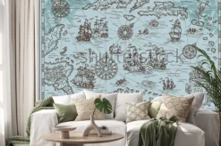 Naklejka: Old map of the caribbean sea with pirate ships, treasure islands,