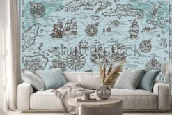 Naklejka: Old map of the caribbean sea with pirate ships, treasure islands,