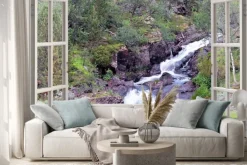 Naklejka: Open window view to mountain waterfall and pond