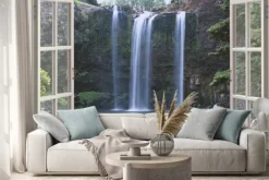 Naklejka: Open window view to whangarei falls, northland region (north