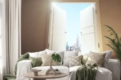 Naklejka: Otwarte drzwi z pustym pomieszczeniu megapolis miasto z wieżowcami