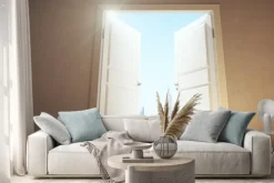 Naklejka: Otwarte drzwi z pustym pomieszczeniu megapolis miasto z wieżowcami