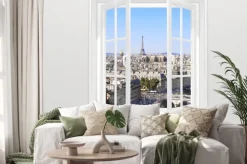 Naklejka: Otworzył okno i widok na wieżę eiffla, paryż