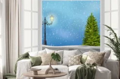 Naklejka: Otwórz okno choinka i latarni na tle zimowego