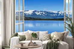 Naklejka: Otwórz okno panoramiczny widok na góry śniegu i jeziora