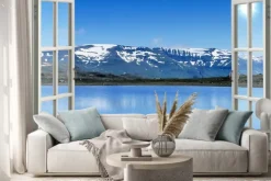Naklejka: Otwórz okno panoramiczny widok na góry śniegu i jeziora