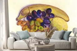 Naklejka: Owoce, winogrona, cytryny, banany. akwarela