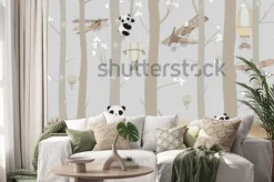 Naklejka: Pandy bawiące się w lesie na tle samolotów