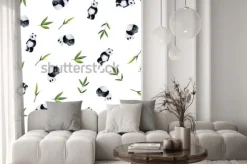 Naklejka: Pandy i bambusa wzór na białym tle. ręcznie malowana akwarela