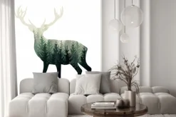 Naklejka: Panorama lasu na sylwetce jelenia