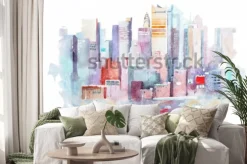 Naklejka: Panorama nowego jorku w stylu kolorowej akwareli