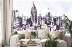 Naklejka: Panorama nowego jorku. akwarela, grafika z tuszem. architektura