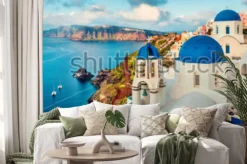 Naklejka: Panorama oszałamiająco santorini wyspa santorini. prześwietny