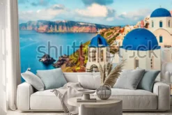 Naklejka: Panorama oszałamiająco santorini wyspa santorini. prześwietny