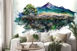 Naklejka: Panorama with mountains and trees in watercolor - generated by
